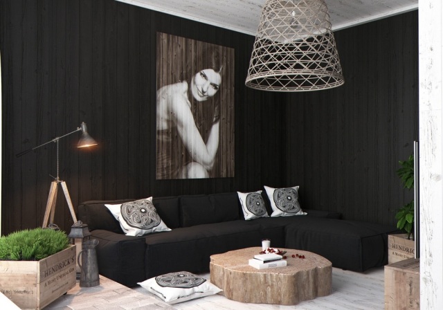 vardagsrum modern inredning-svart-vägg-färg-äkta trä-soffbord-industri-chic