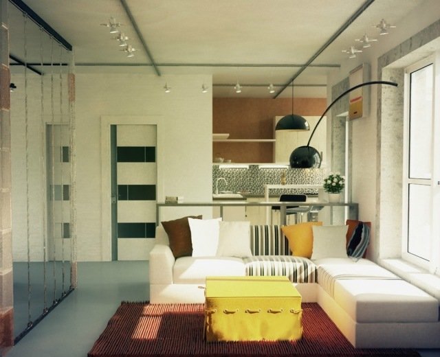 litet vardagsrum-matplats-modernt-vitt-hörn-soffa-spegelskåp