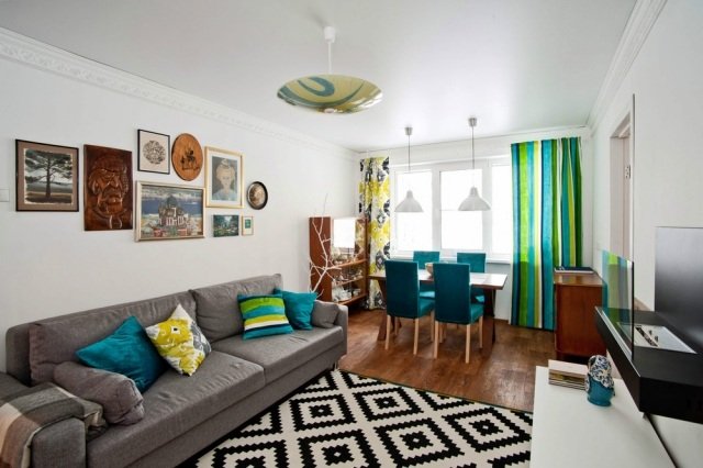 litet vardagsrum-matplats-modern-turkos-blå-grön-grå-soffa