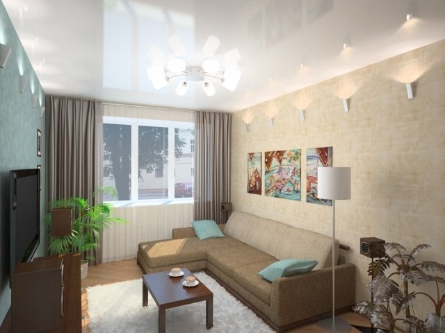 litet vardagsrum-inredning-beige-turkos-vägglampor-glansigt tak