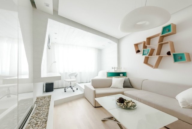vardagsrum modern inredning små rum-vit-grädde-turkos-accenter