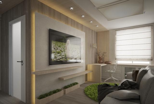Modernt vardagsrum inredning -små-rum-indirekt-belysning-paneler-tv-gröna-accenter