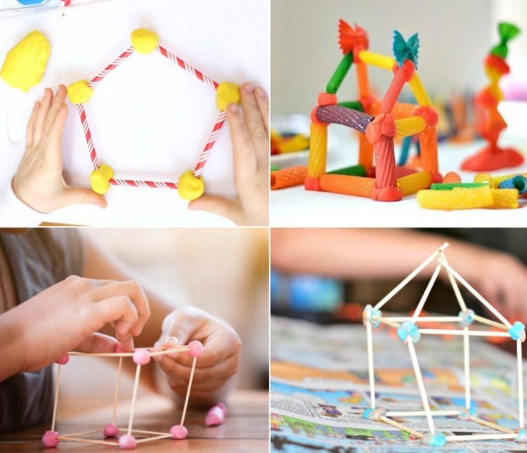 Knåda med barn och bygg 3D -figurer med tandpetare, sugrör och pasta