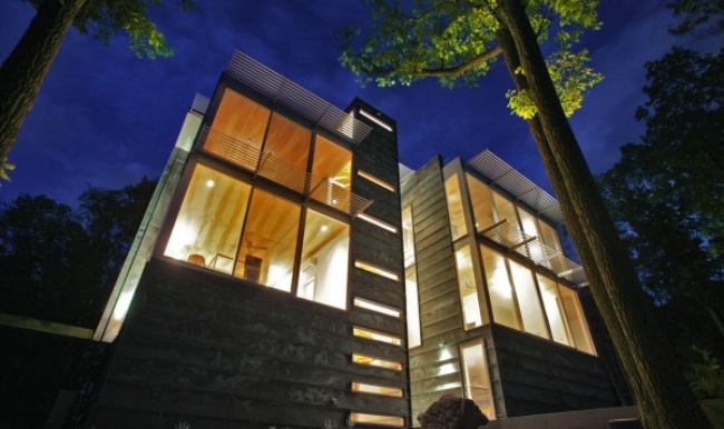 Eco residence nattbelysning modern hållbar arkitektur USA