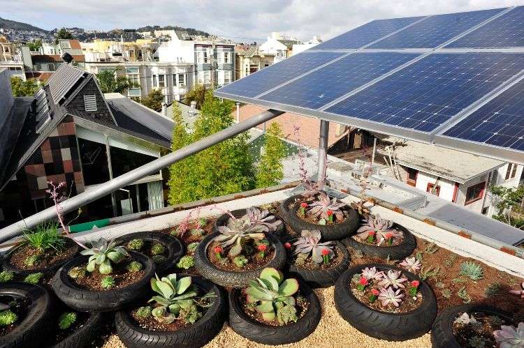 ekologisk byggnad hållbarhet exempel på konstruktion hållbar arkitektur hållbar design takterrass växter solpaneler