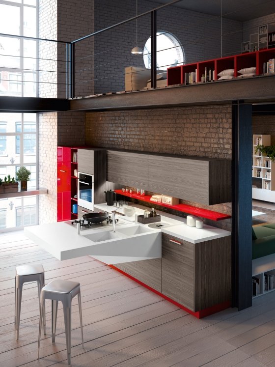Kompakt kök-vardagsrum Snaidero design utskjutande bräda
