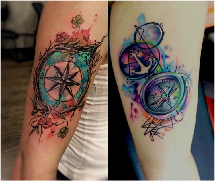 Kompass tatuering akvarell-blomma-ankare-arm