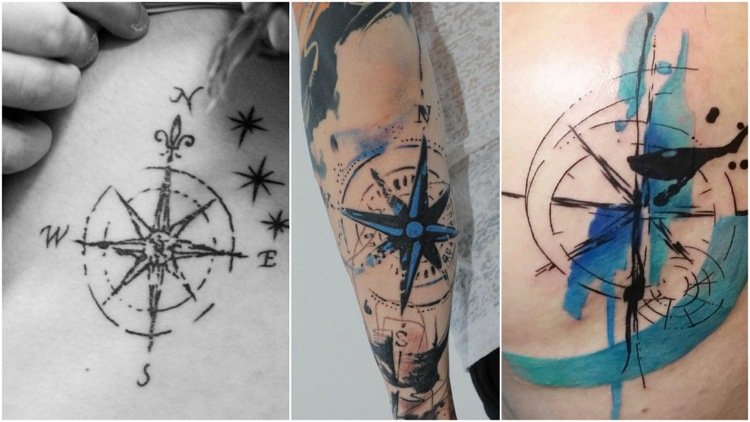 Kompass tatuering blå-akvarell-svart