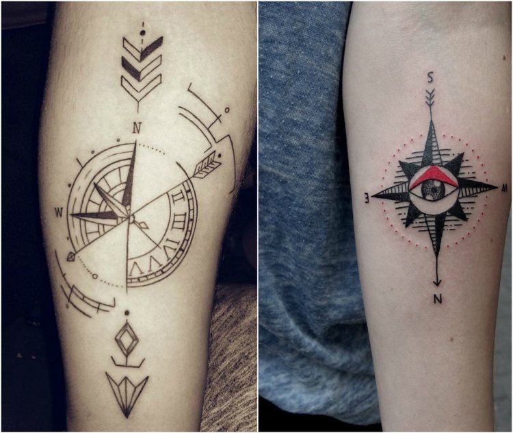 Kompass tatuering -pil-ögon-klocka-kombination