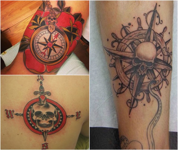 Kompass tatuering skalle-röd-svart-färg