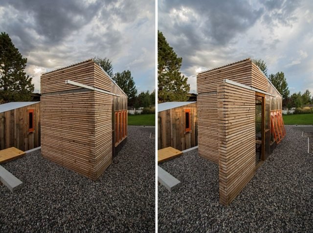 Trädgårdskur utrustad med skjutdörr design trä lamellbeklädnad