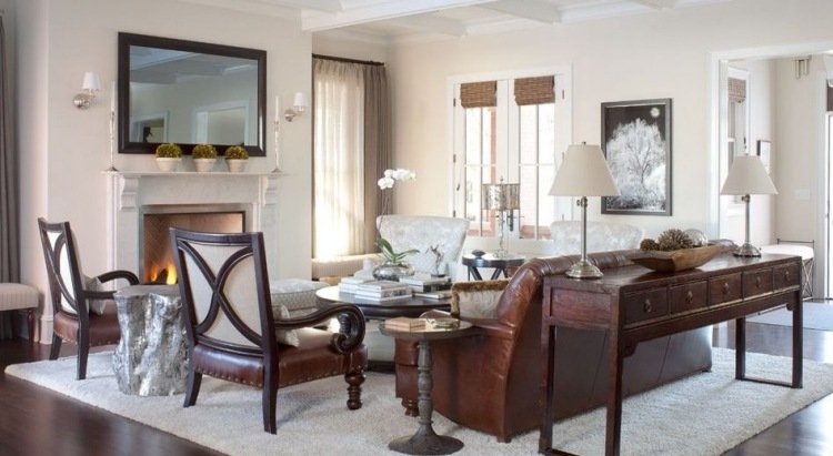 konsol-bord-bakom-soffa-inredning-idéer-läder soffa-trä-kolonial-elegant-vit-brun