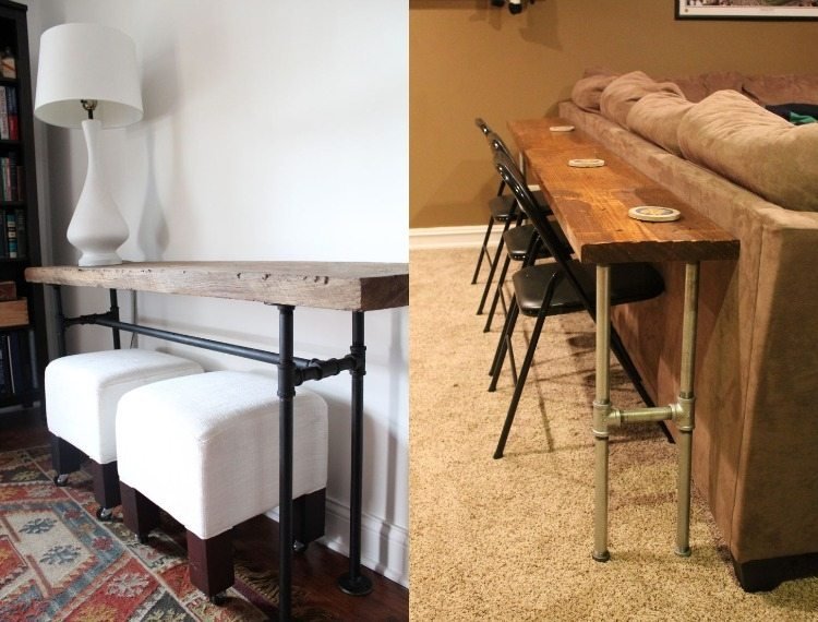 Konsol-bord-bakom-soffa-inredning idéer-rörformiga möbler-industriell stil-trä-rör