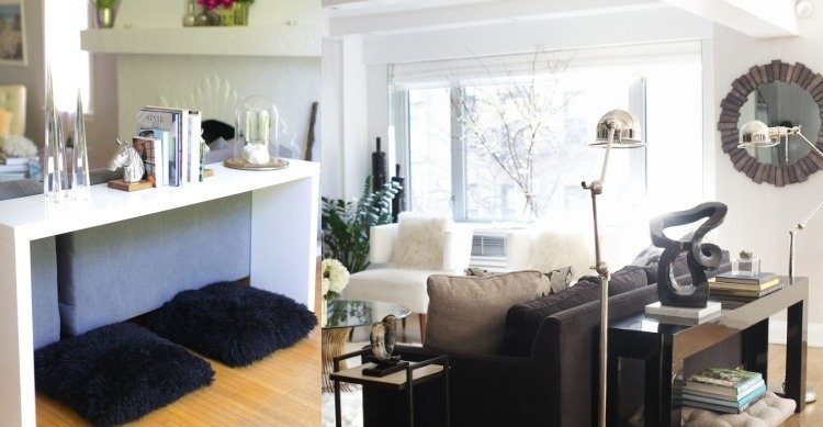 konsol-bord-bakom-soffa-inredning-idéer-svart-vit-modern-sitt-kudde-gra