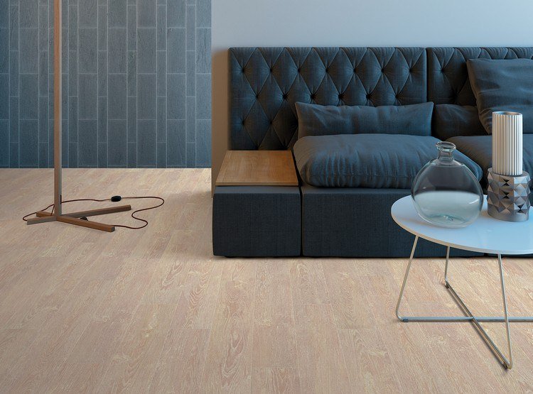 korkgolv modernt trä utseende vardagsrum soffa sidobord