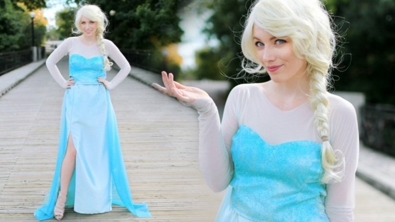 kostymidéer för karneval elsa frusen ljusblå klänning peruk blond