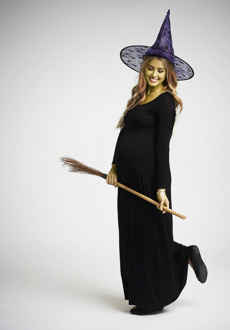 Dräkter-gravida-halloween-häxa-lång-svart-klänning-kvast-topp-hatt