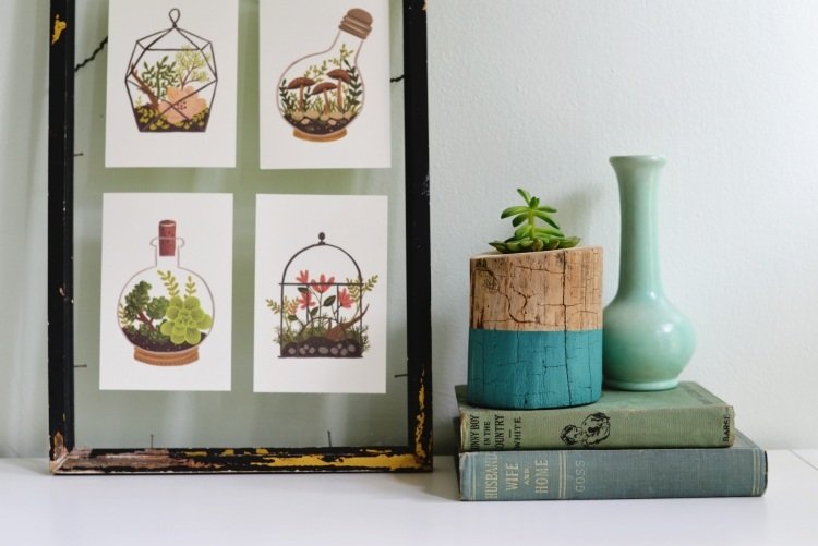 lägenhet-dekorera-idéer-gör-det-själv-lite-pengar-bild-glasruta-mini-planter-träbit