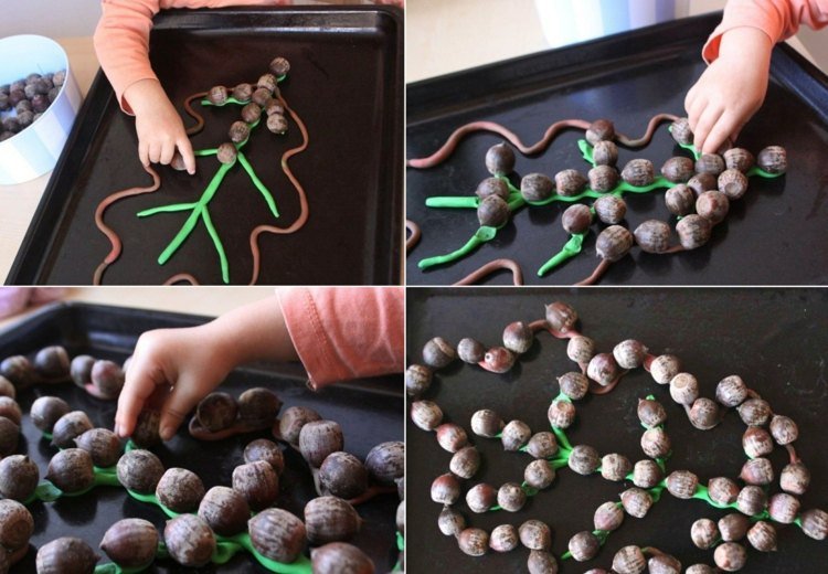 Trevlig hantverksidé för små barn med naturmaterial och plasticine