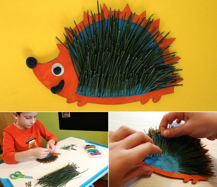Igelkottar av trä eller på papper med plasticine och äkta eller konstgjorda tallnålar