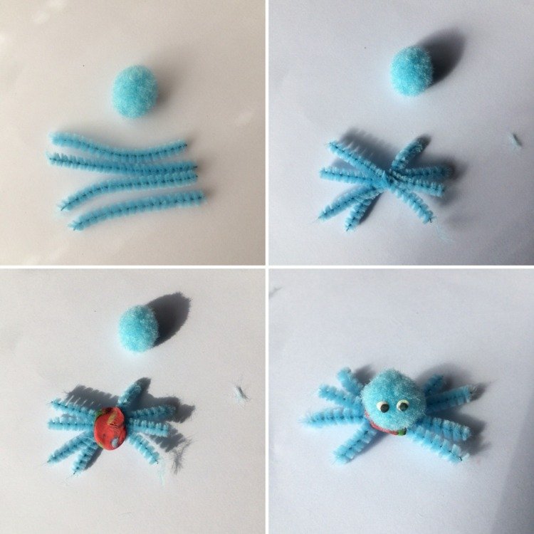 Boll av plastilin med rörstädare och pomponger dekorerar för en spindel
