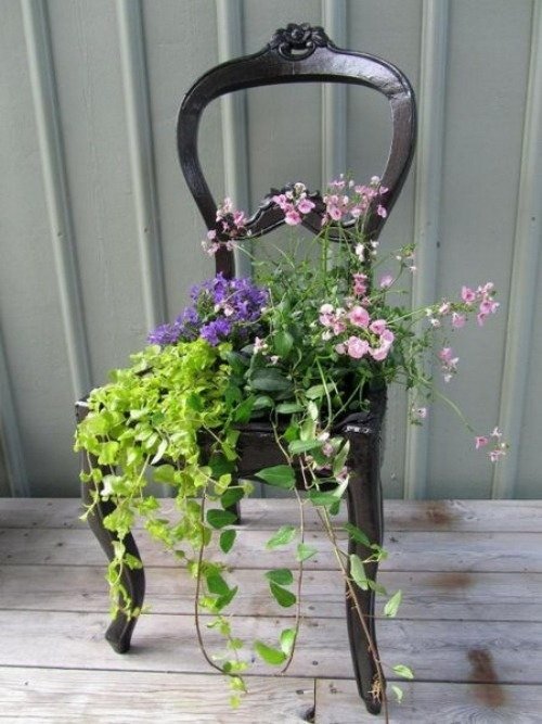 trädgård dekoration omvandla stolar till blomkrukor svart