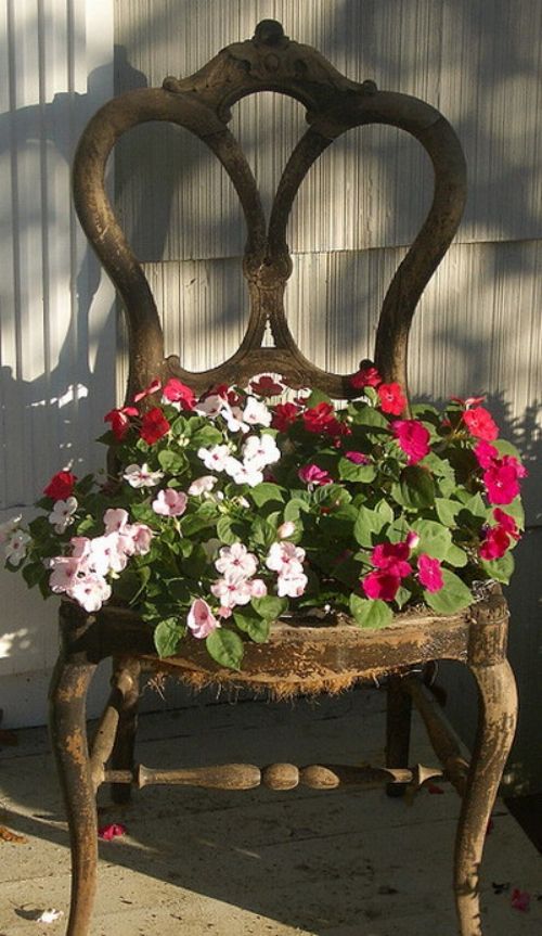 trädgård dekoration omvandla stolar till blomkrukor vintage