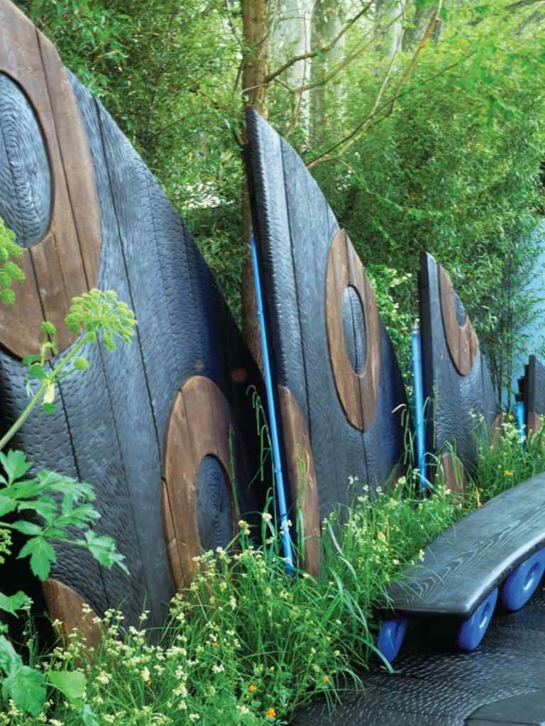 trädgårdsstaket original design eklektisk bänk cirklar mönster