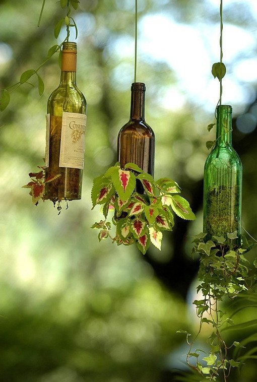 Gartendeko trädgårdsidéer som hänger upp vinflaskor växter terarium
