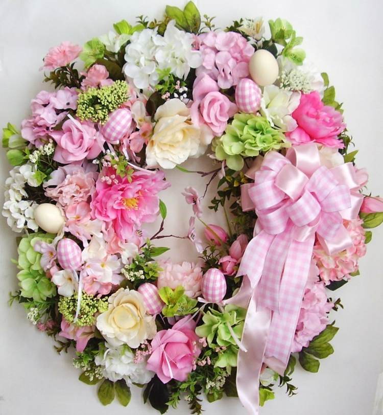 påsk-dekoration-romantisk-krans-blommor-rosa-grönt-band