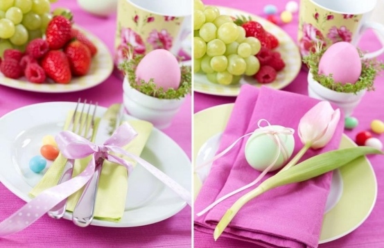 Vackra påsk dekoration bord rosa bordsduk-tulpan servett rosett