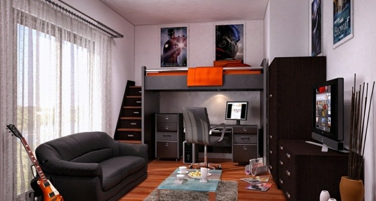 ungdomsrums idéer modern design mörka möbler läder soffa loft säng levande vägg