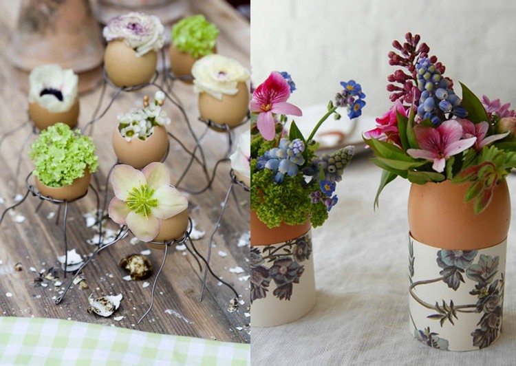 Idéer för påskdekorationer vaser-äggskal-papper-äggkoppar-pärlhyacinter