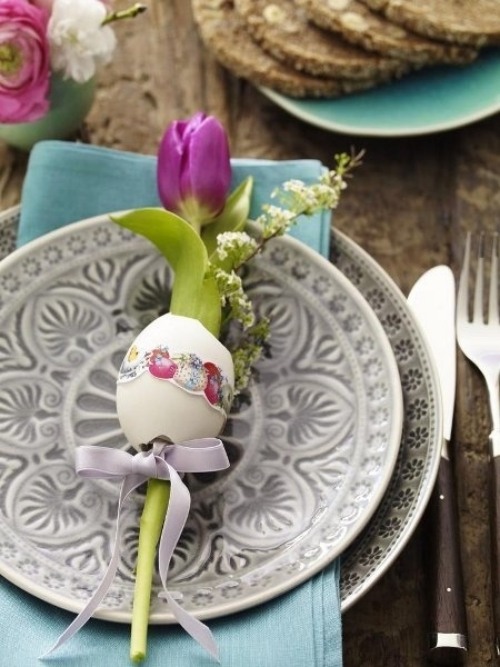 idéer för påskdekoration för vas från äggskal lila tulpan
