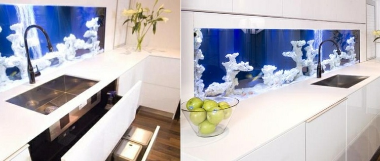 kreativa och vackra kök idéer skiljevägg akvarium korallvit
