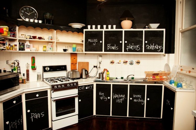 kreativa och vackra köksidéer svart tavla väggskåp svartvitt