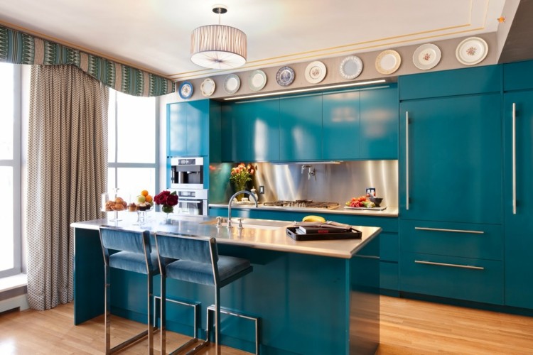 kreativa och vackra köksidéer väggdesignplatta blå möbler