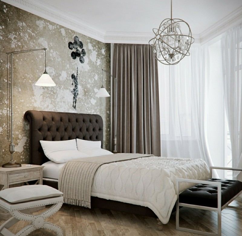 väggdesign i sovrummet gipsdesign modern rustik shabby brun sänggavel