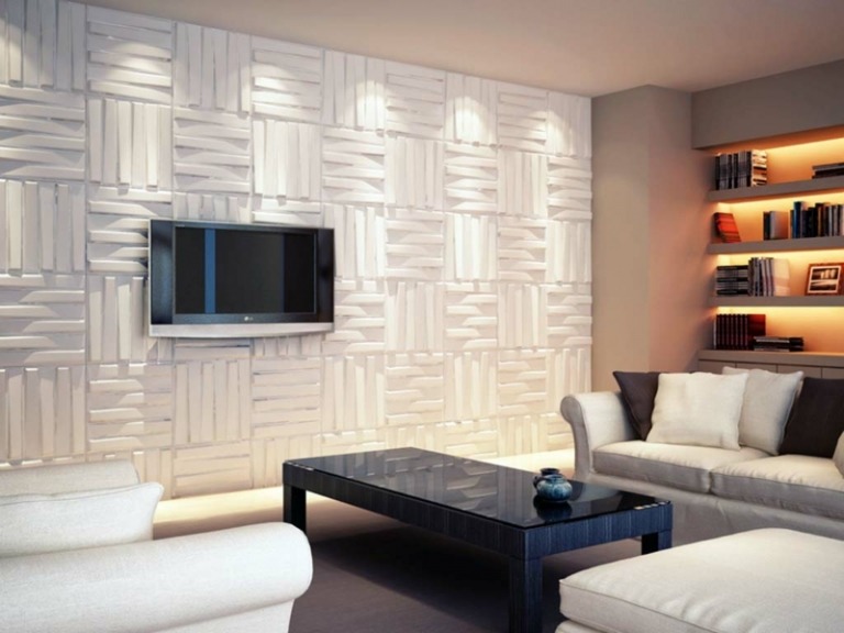 väggdesign i vardagsrummet minimalistisk idé soffa vitt soffbord regal