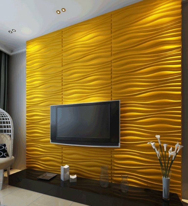 väggdesign i vardagsrummet 3d vågmönster gul design lowboard