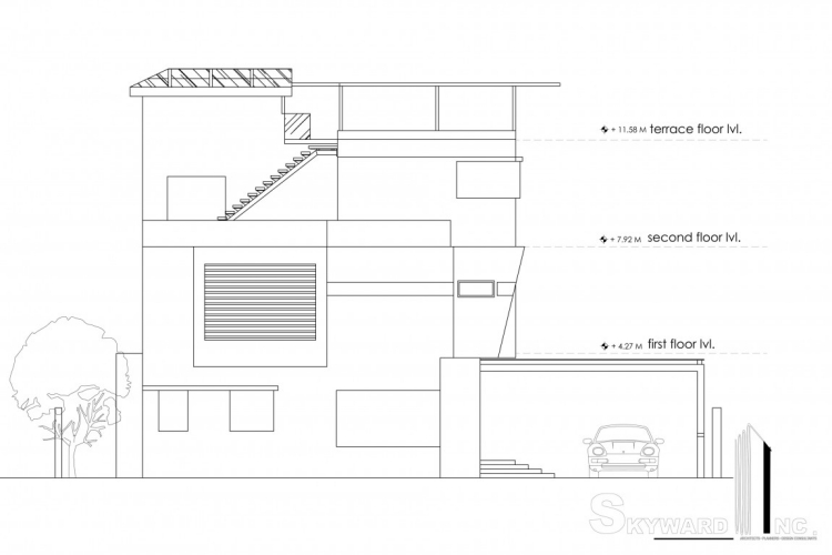enfamiljshus-modern-arkitektur-plan-sidovy-garagepinnar