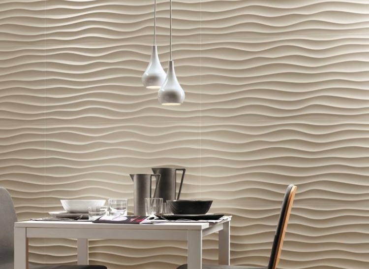 kreativ-vägg-design-3d-keramik-kakel-vit-matbord-stolar-hängande lampa