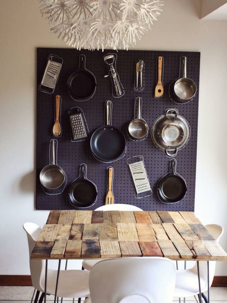 levande idéer kreativa metallpanelpannor hängande köksförvaringsvägg