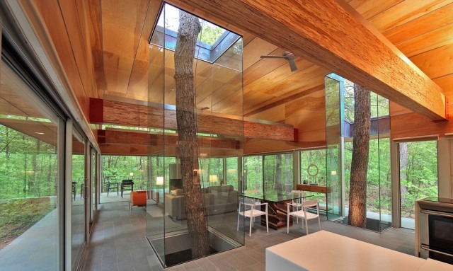 Kreativa-lägenhet-idéer-hållbart-levande-moderna-villa-glasfasader-trä-interiör