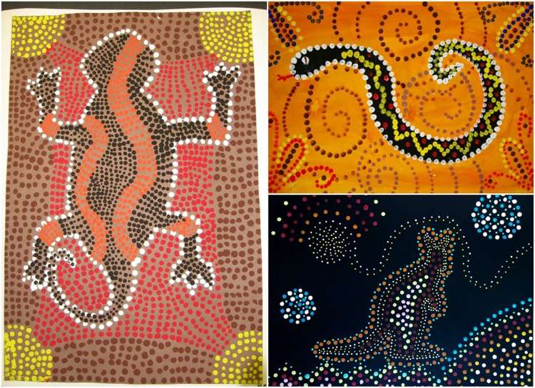måla-barn-prickar-australien-mönster-ödla-orm-känguru