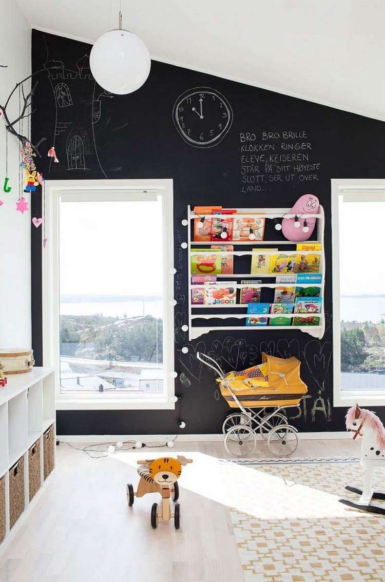Barnrum med snett tak dekorerar tavlan vägg