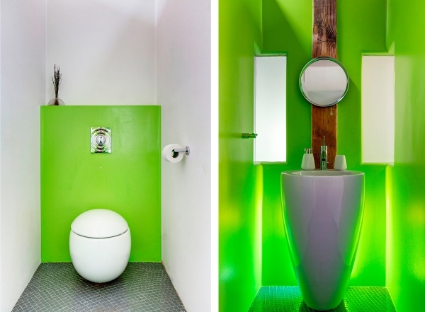 Badrum neonfärger giftgröna vägg keramiska kran tvättställ