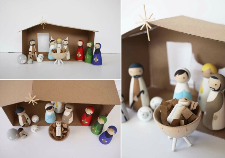 Crib tinker med barn kartong stall bygga trä figurer handledning