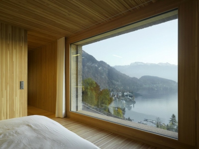 Panorama sjö Schweiz stuga trävägg
