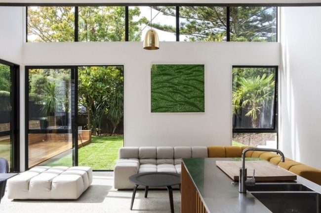 Öppen lägenhet-med trädgård glas front-kök ö design-modern vägg design
